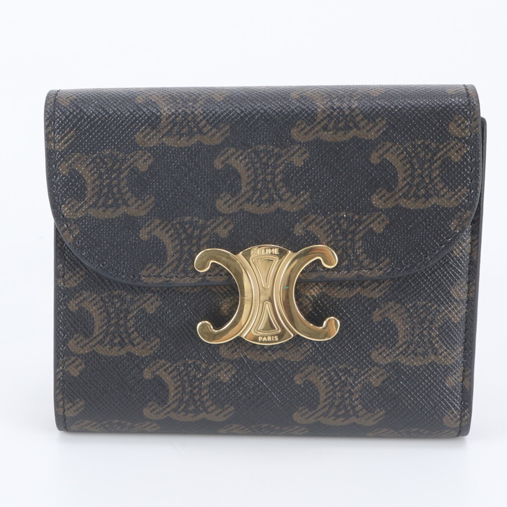 Celine Small Flap Wallet, Triomphe Canvas Leather Tri-fold Wallet for Women